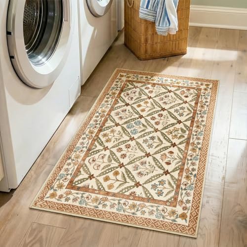 jinchan Haden Entryway Rug 2x3 Vintage Floral Washable Rug for Entrance Soft Non-Slip Low Pile Door Mat for Doorway Kitchen Bathroom Small Carpet Cottage Indoor Decor Terracotta - color: Terracotta, size: 2' x 3' (Rectangular)