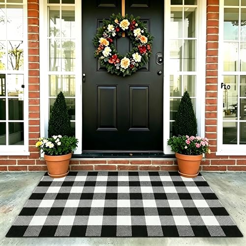 MUBIN Cotton Buffalo Plaid Rug, 3' x 5' Black and White Outdoor Rug Front Door Decorative Mat, Washable Doormat Foldable Area Rug Layered Door Mats Rug for Front Porch, Entryway, Patio - color: Black White Plaid, size: 3' x 5' (Rectangular)