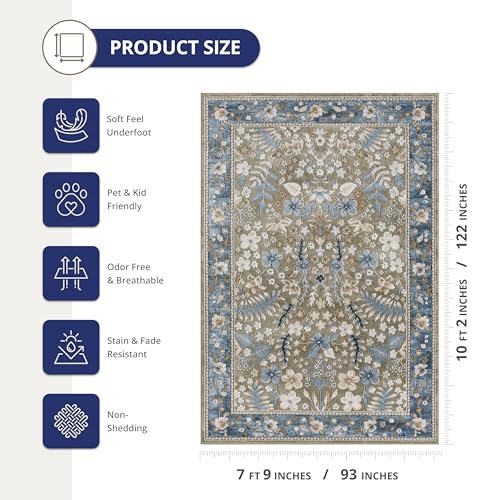 Abani Green Area Rug – 8' x 10' – Savoy Collection – Vintage Floral Pattern – Easy to Clean – Durable for Living Room, Bedroom, or Dining Room, Pet & Child Friendly - size: 7'9" x 10'2" (Rectangular)