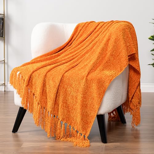 PAVILIA Orange Chenille Throw Blanket for Couch Sofa, Soft Knit Throw with Tassel, Decorative Blanket for Bed Chair Living Room, Orange 50x60 - color: Orange, size: 50 X 60 Inches - Throw