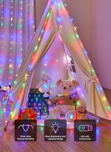 Brightown 300 LED Fairy Curtain Lights, Curtain String Lights, USB Plug in 8 Lighting Modes Christmas Decoration, Hanging Lights with Remote for Bedroom Indoor Weddings Dorm Multicolor 1 Pack - color: Multicolor, size: 1 Pack-300 LED-USB Plug