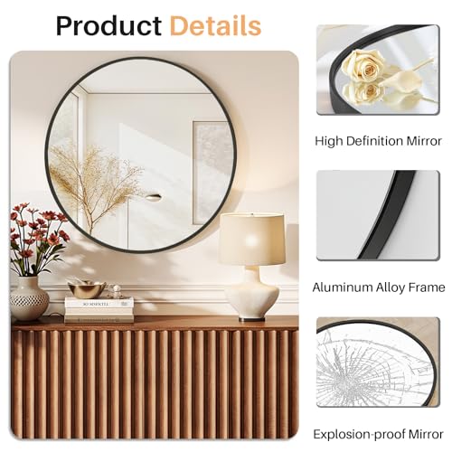Bathroom Mirror for Wall, 20 Inch Round Mirror, Matte Black Metal Framed Circle Vanity Mirrors for Bathroom Bedroom Living Room Entryway, Anti-Rust, Tempered Glass, Hanging or Leaning - color: Matte Black, size: 20"L x 20"W, style: Round