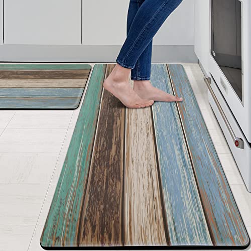 MAYHMYO Kitchen Rugs and Mats Set of 2 Teal Farmhouse Anti Fatigue Mat PVC Non Slip Retro Rustic Wood Texture Kitchen Mats for Floor,17.3 x 29 x 0.4 inch + 17.3 x 47 x 0.4 inch - color: Farmhouse, size: 29"L X 17.3"W X 0.4"Th + 47"L X 17.3"W X 0.4"Th
