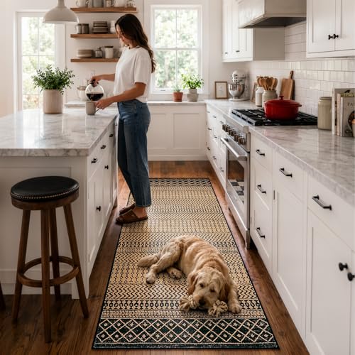 Moroccan Kitchen Runner Rug, 2x6 Ultra Soft Rugs Runners for Hallways Non Slip, Washable Bathroom Runner Rugs Vintage Rug for Kitchen Entryway Laundry Bedroom - color: Natural/Brown, size: 2' x 6' (Runner)