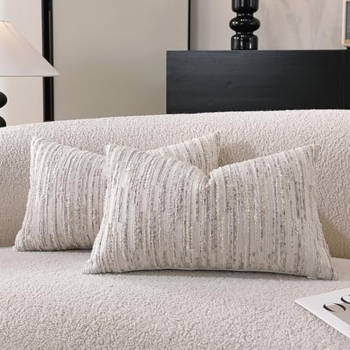 Striped Throw Pillow Covers 20x12 Set of 2 Beige Textured Boucle Chic Morden Boho Accent Farmhouse Decorative Chenille Pillow Covers for Home Decor Bed Sofa Living Room - color: Beige, size: 20" x 12" (Pack of 2)