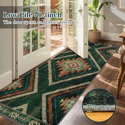 Boho 2.6x8ft Runner Rugs for Hallway Kitchen Non Slip, Long Green Geometric Washable Entryway Rug Runners Low Pile, Soft Vintage Indoor Floor Carpet for Doorway Bedroom Farmhouse Home Decor - color: Green, size: 2'7" x 8' (Rectangular)