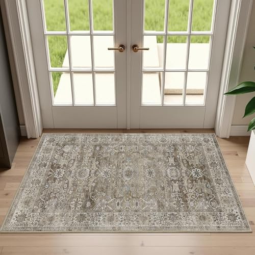 2x3 Entryway Rug Brown Grey Washable Vintage Rugs for Entryway Kitchen Low Pile Non-Slip Door Mat Traditional Distressed Small Throw Carpet for Kitchen Entrance Bathroom Antique/Moss - color: Brown Grey, size: 2'*3'(Rectangular)