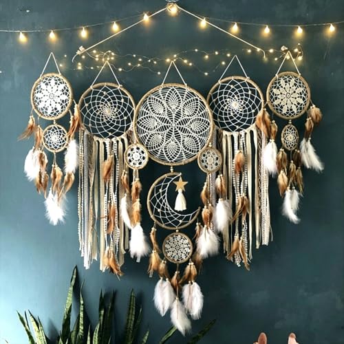 Set of 5 Boho Large Moon Dream Catcher Wall Hanging, Camel | Vintage Wedding Decor, Home Decorations, Wall Decor - color: Camel