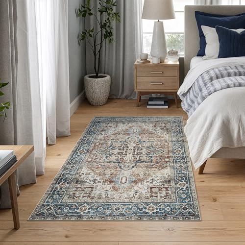 Bloom Rugs Caria Washable Non-Slip 3x5 Rug - Terracotta/Blue Traditional Area Rug for Living Room, Bedroom, Dining Room, and Kitchen - Exact Size: 3' x 5' - color: Terracotta / Blue, size: 3' x 5' (Rectangular)