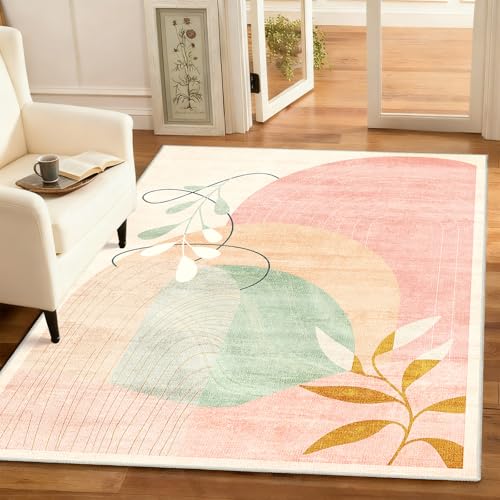 MUJOO 3x5 Washable Rugs,Boho Large Area Rug for Entryway Kitchen Entry Bedroom Bedside Foyer,Small Throw Carpet Indoor Non Slip Mid Century Modern Abstract Botanical Geometric Accent Pink - color: Pink（modern）, size: 3' x 5' (Rectangular)