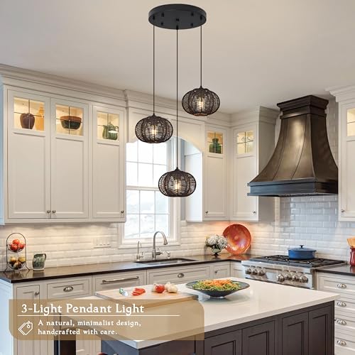 12" Boho Black 3-Light Boho Chandeliers for Kitchen Island Hand-Woven Boho Rattan Chandeliers Dimmable Adjustable Hanging Wicker Chandelier for Dining Room Living Room（Bulb Incl.） - color: 11.8" Black 3-Light