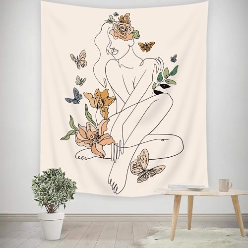 SVBright Abstract Woman Fabric Wall Hanging Tapestry 51Wx59H Inch Simple Modern Butterfly Flower Leaves Minimalist Art Line Plant Aesthetic Portrait Sketch Home Decor Art for Living Room Bedroom Dorm - color: Modern Abstract Woman, size: 59"L x 51"W
