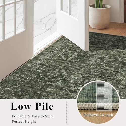 3x10 Green Runner Rug Hallway Washable Area Rugs Kitchen Vintage Boho Non Slip Long Rug Floral Carpet Indoor Retro Soft Low Pile Throw Rug for Bedroom Bathroom Laundry Dining Living Room Office - color: Dark Green, size: 3' x 10' (Runner)