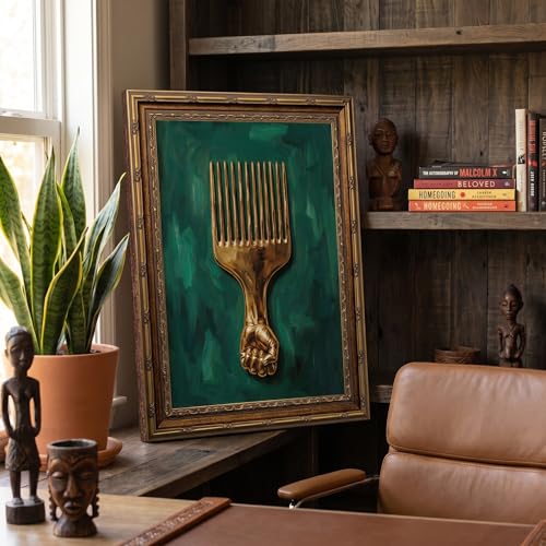 Vintage Gold Framed African American Black Power Wall Art Framed – Gold Afro Pick Melanin Afrocentric Painting Picture PrintPoster Wall Decor for Living Room Bedroom, 8x10 Inches - color: Afro Pick With Fist Handle, size: 8"L x 10"W