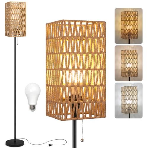 Ruiever Floor Lamp for Living Room,Farmhouse Floor lamp,Modern Standing lamp with Hand-Worked Rattan Shade (Square Shade-3 Color Blub) - style: Square Shade-3 color Blub