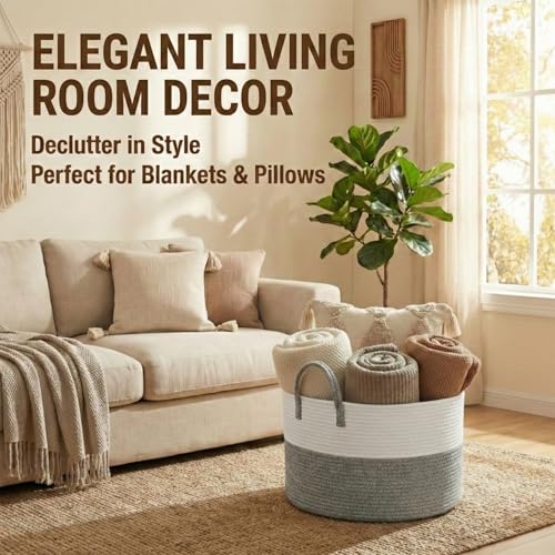 JMvicyroam 65L Extra Large Blanket Basket for Living Room - Woven Cotton Rope Laundry Hamper with Reinforced Handles - Storage Bin for Pillows, Comforters & Toys - Machine Washable,White&Grey - color: White&Grey, size: 65L