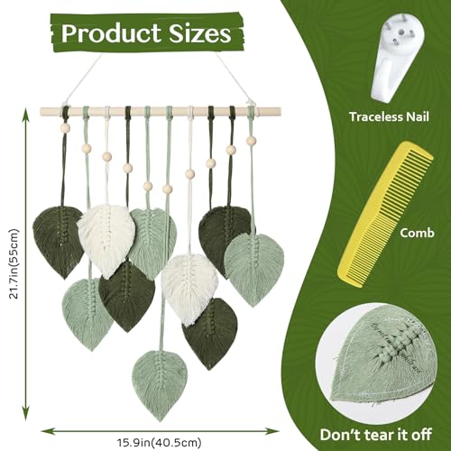 MIPON Macrame Wall Hanging Leaves Decor,Boho Handmade Woven Leaf Tassels Tapestry Gift Ideas for Nursery, Bedroom, Living Room, 15.7 X 28 Inch(Green)