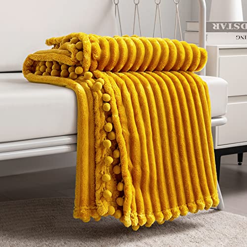 DISSA Fleece Blanket Twin Size – 60x80, Yellow - Soft, Plush, Fluffy, Fuzzy, Warm, Cozy – Perfect Throw for Couch, Bed, Sofa - with Pompom Fringe - Flannel Blanket - color: Yellow, size: 60x80"