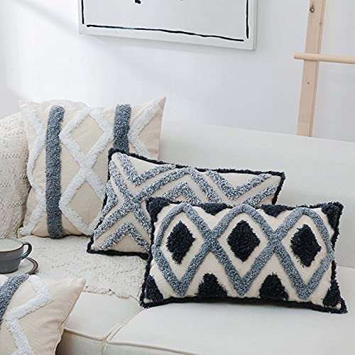 Woven Tufted Boho Cushion Cover Set of 2 Geometric Diamond Square Decorative Throw Pillow Cover for Couch Sofa Bedroom Living Room, Oblong Pillowcase (Square A, 18 x 18 inch) - color: Square a, size: 18" x 18" (Pack of 2)