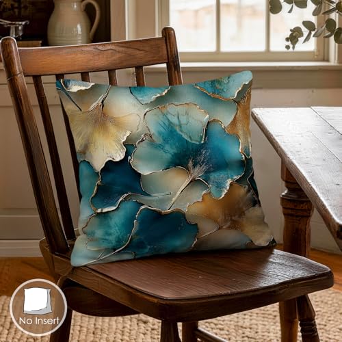 OBSEDE Teal and Gold Leaf Decorative Throw Pillow Covers 18x18 Set of 4, Modern Abstract Botanical Pillow Cases for Sofa Living Room Decor - color: Teal Abstract Foliage Art, size: 18" x 18" (Pack of 4)