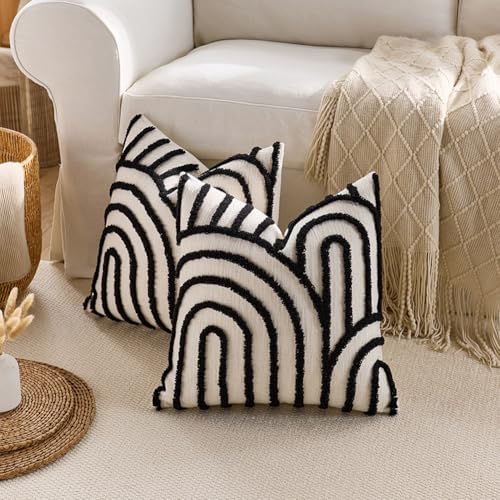 vctops Boho Throw Pillow Covers Set of 2, Modern Mid Century Arched Tufted Decorative Cushion Cover Farmhouse Rustic Geometric Textured Pillowcases for Sofa Bed Living Room (Yellow,18"x18") - color: Black