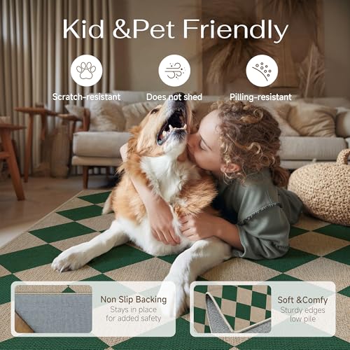 PureCozy 2x8 Checkered Easy Jute Runner Rug Non Slip Hallway Kitchen Washable Outdoor Rug for Entryway Indoor Checkerboard Green Long Indoor Outdoor Carpet for Bedside Entry Front Door Porch - color: Green|checkerboard-1, size: 2' x 8' (Runner)