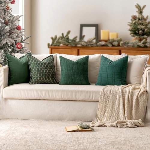 MIULEE Burlap Linen Christmas Throw Pillow Covers 20x20 Inch Set of 2 Dark Green Decorative Pillows Modern Farmhouse Soft Cushion Covers for Outdoor Couch Sofa Bedroom Livingroom Home Decor - color: Dark Green, size: 20" x 20" (Pack of 2)