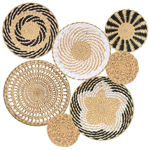 BreezyHue 7 Pcs Boho Wall Basket Decor Bulrush Woven Round Handmade Wall Art Hanging for Farmhouse Living Room Kitchen Decorations (Bohemian)