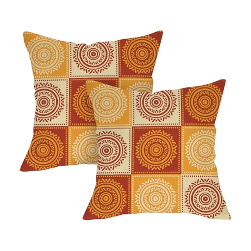 Boho Yellow Orange Mandala Decorative Throw Pillow Covers 18 x 18 Set of 2, Bohemian Vintage Abstract Circular Floral Porch Outdoor Home Decor, Geometric Flower Ethnic Sofa Couch Cushion Case