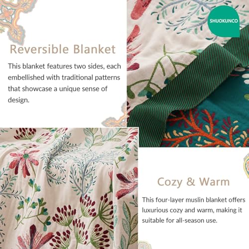 Boho Throw Blanket, 100% Cotton Ultra Soft Luxury Throw Rustic Quilt, Muslin Breathable Soft Bed Throw ，All Throw for Sofa Couch Chair 90x98 Inch - color: Precious Flowers, size: 90x98 Inch