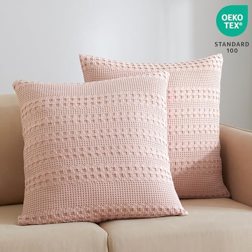 PHF 100% Cotton Waffle Weave Pillow Covers 24" x 24", 2 Pack Luxury Square Shell for Elegant Home Decor, No Filling, Luxury Aesthetic Soft Pillow Covers for Bed, Pink - color: Pink, size: 24" x 24" (Pack of 2)
