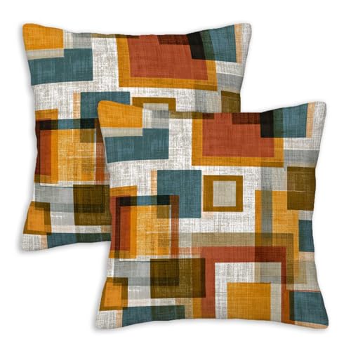 Retro Geometric Color Block Throw Pillow Covers 18x18 Inch, Set of 2 | Mid-Century Modern Square Cushion Cases for Couch Sofa Bedroom | 70s Vintage Home Decor, Decorative Pillowcases - color: Retro Geometric