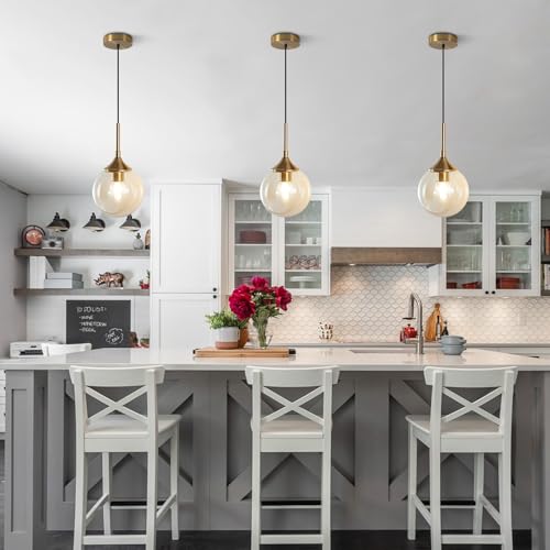 KCO Lighting Mid Century Modern Pendant Chandelier Amber Glass Hanging Lamp Gold Globe Pendant Lights Kitchen Island Brushed Brass Pendant Light Large Kitchen Pendant Lighting Over Island - color: Amber