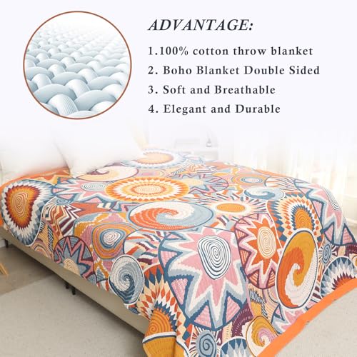 Snycler Boho Throw Blanket for Bed - 100% Cotton Ultra Soft Rustic Quilt Fall Blanket - Orange Floral Printed Farmhouse Decor Bed Blankets, 60"×80" All Season Rustic Throw for Sofa Couch Chair - color: Boho Orange, size: 60"x80"