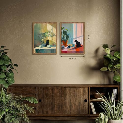 Framed Black Cat Wall Art Set of 2, Vintage Funny Cat Coffee Canvas Wall Decor Paintings, Moody Cute Animal Artwork Prints Picture for Kitchen Dining Room Living Room 16x24 Inch - color: Cat and Coffee, size: 24L" x 16W"