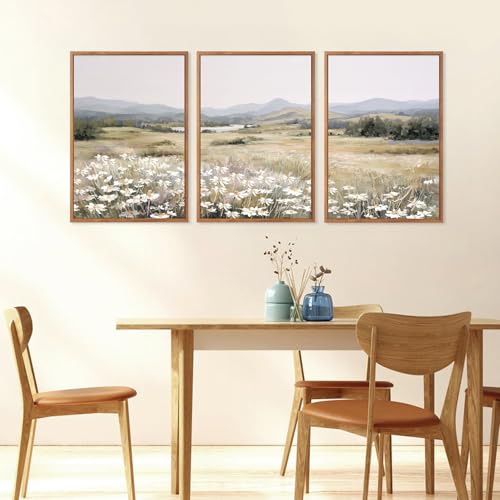 KAIRNE Landscape Canvas Wall Art,Boho Floral Prints Set of 3(16”X24”),Flower Garden Paintings,Wildflower Field Scene Wall Decor,Botanical Art for Living Room Bedroom Kitchen Farmhouse Decor,Framed - color: Boho Floral(medium), size: 16"Lx24"W