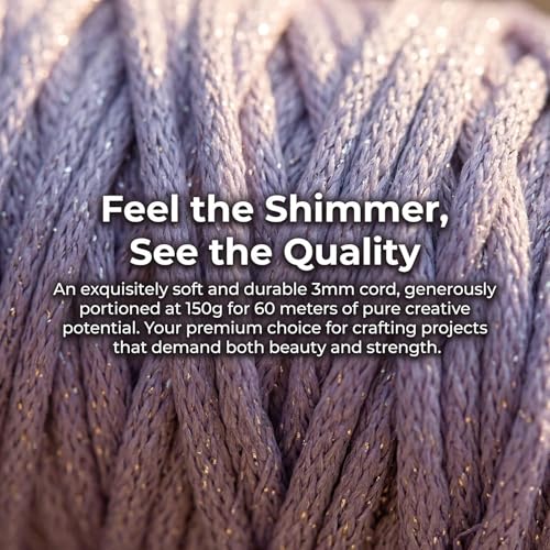 3mm Sparkle Polyester Macramé Cord - 150g/66yds Metallic Glitter Braided Cord for Crocheting Bags, Baskets, Macramé Plant Hangers & DIY Crafts, Machine Washable (8#Light Purple) - color: 8#light Purple