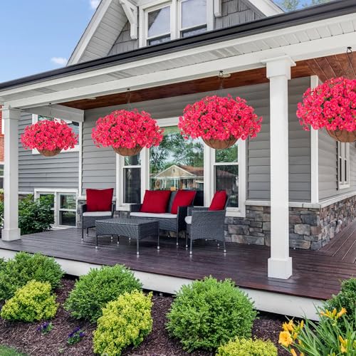Artificial Faux Hanging Plants Flowers Basket for Outdoor Outside Spring Summer Decoration, Silk Morning Glory in Planter UV Resistant Look Real Fake Flower for Porch Patio Balcony Home Yard, Hot Pink - color: Hot Pink