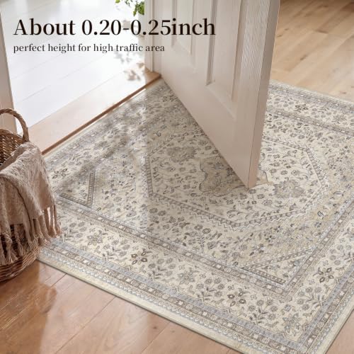 4X4 Square Rug for Living Room - Washable Kitchen Area Rug with Non Slip Rubber Backing for Bedroom Indoor Soft Stain Resistant Carpet Desk Rug for Pet-Friendly and Kitchen Decor Beige/Gray - color: Beige/Gray, size: 4' x 4' (Square)