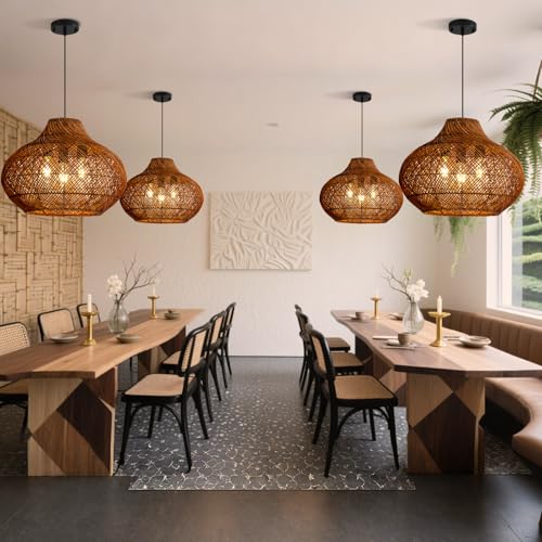 3-Light Dark Brown Rattan Pendant Light,18.9" Rustic Hanging Light,Round Curry Wicker Pendant Light Hand-Woven Rattan Chandelier for Workplace Dining Living Bedroom Kitchen Farmhouse - color: Brown, size: 18.9" 3-Light