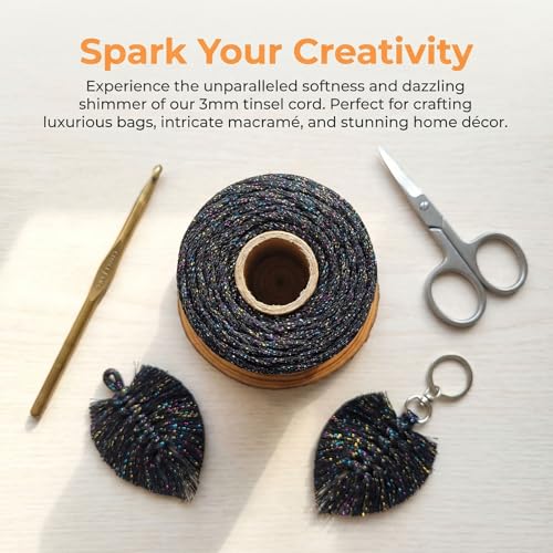 3mm Sparkle Polyester Macramé Cord - 150g/66yds Metallic Glitter Braided Cord for Crocheting Bags, Baskets, Macramé Plant Hangers & DIY Crafts, Machine Washable (18#Black Rainbow) - color: 18#black Rainbow