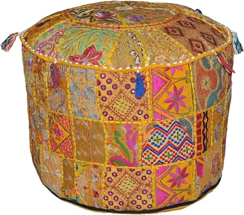 Bohemian Indian Patchwork Ottoman Pouf Cover – 14"x22" inch Round Cotton Embroidered Footstool Pillow – Vintage Ethnic Decor, Yellow (Cover Only) - color: Yellow, size: 22"D x 22"W x 14"H