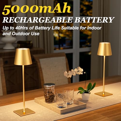 Kakanuo Gold Cordless Rechargeable Table Lamp 5000mAh Battery Operated Lamps, 3 Colors Stepless Dimming Touch Lamp for Living Room, Kitchen Counter, Dining, Outdoor Patio, 2 Pack - color: Gold 1, size: 2 Pack 14in - Up and Down Light