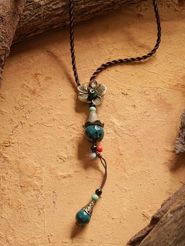 MINACHI Vintage Bohemian Colorful Ceramic Bead Antique Flower Y Necklace, Vintage Boho Hippie Statement Jewelry Gift for Women - color: S01C