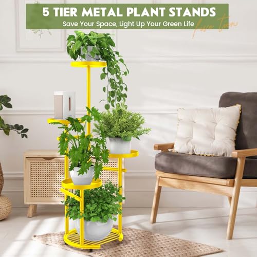TOSKING 5-Tier Metal Plant Stand, Anti-Tip Round Base for Pots, Child & Pet Friendly, Space Saving Corner Shelf Flower Pot for Indoor Outdoor Use, Living Room Balcony Garden Patio Bedroom (Yellow, 38in) - color: Yellow, size: 5tier Rd Base