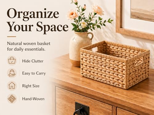 Wicker Storage Basket, Water Hyacinth Basket for Organizing, Rectangular Wicker Storage Baskets for Shelves, Small Wicker Basket with Built-in Handles, Natural, 12.6 x 8.66 x 6.3 Inch