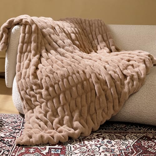 Faux Rabbit Fur Throw Blanket, Soft Plush Cozy Blanket for Couch Bed, Thick Fluffy Ruched Decorative Blanket, Giftable,50"x60",Light Brown - color: Light Brown, size: Throw(50"x60")