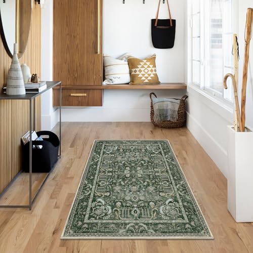 U'Artlines Entryway Rug 2'x3' Non Slip Washable Indoor Door Mat Ultra Soft Kitchen Floor Rugs with Rubber Backing Small Boho Area Carpet for Bedroom Laundry Bathroom(Green＆Beige) - color: Green＆beige, size: 2' x 3' (Runner)