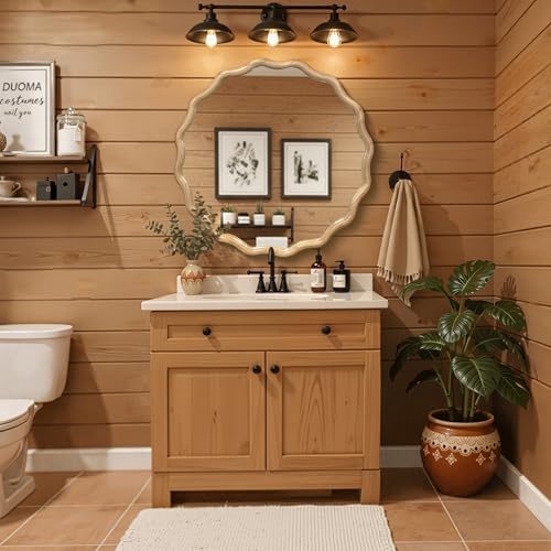 Circle Wood Mirrors for Wall, Wavy Round Bathroom Scalloped Mirror Wooden Frame 30 Inch for Living Room Farmhouse Bedroom Hallway Entryway Living Room with Shatterproof Glass Wall Mounted - size: 30"L x 30"W