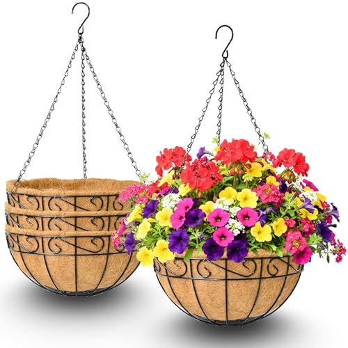 4 Pack 12 Inch Hanging Baskets for Plants Outdoor Metal Hanging Planters Round Hanging Flower Pots with Coco Coir Liner Plant Holder for Outdoor Patio Garden Balcony Decor - Flower Border - color: Flower Border